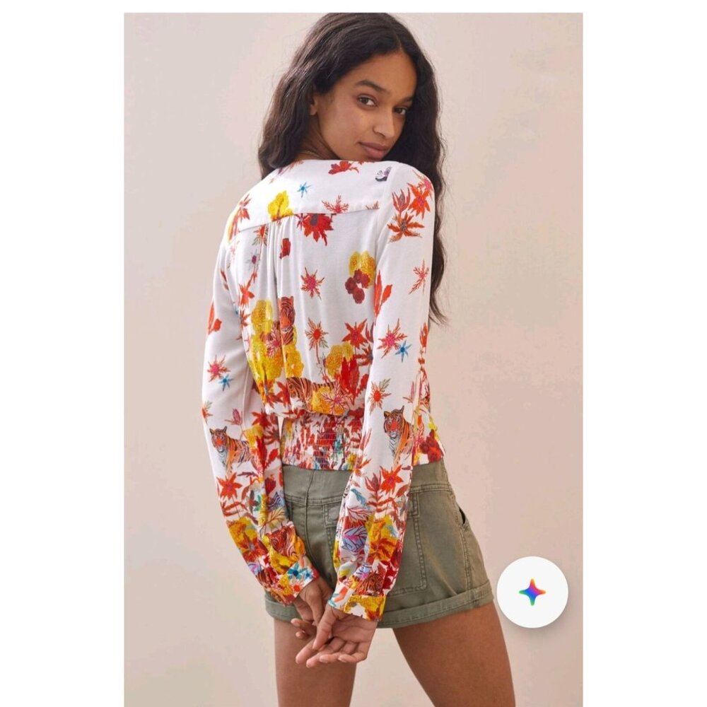 Michelle Morin For Anthropologie Blouse Sz M Floral Tiger Print Wrap Tie Waist - Picture 3 of 14